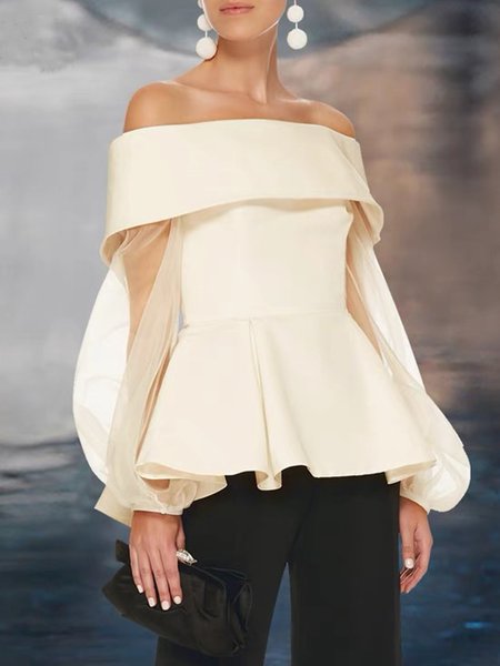 

Elegant Solid Patchwork Long Sleeve Boat Neck Top, Apricot, Tops