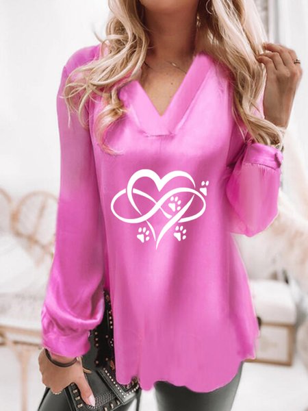 

Heart Printed V Neck Casual Loosen Shirts & Tops, Rose red, Tops
