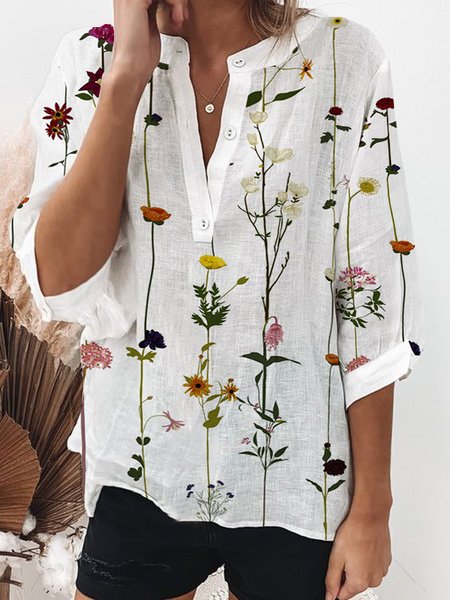 V Neck Casual Loosen Floral Shirts & Tops, White, Shirts & Blouses