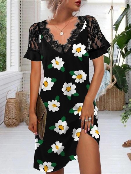 

Lace Floral Printed V Neck Midi Casual A-line Dresses, Black, Mini Dresses