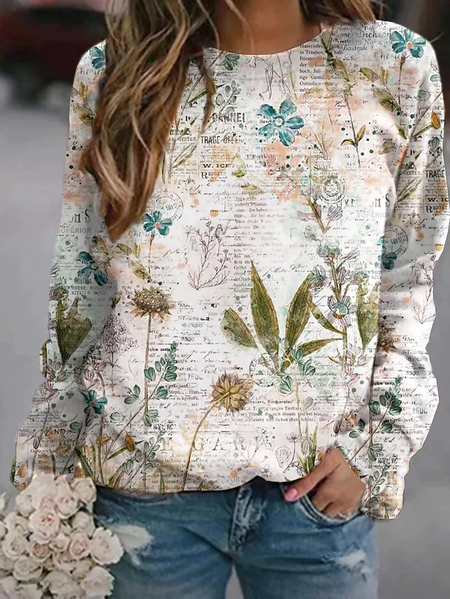 

Floral Cotton Blends Crew Neck Casual Vacation Sweatshirt, White, Sweatshirts & Hoodies
