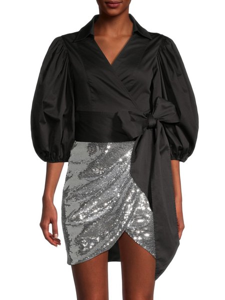

Regular Fit Puff Sleeve V Neck Shirt, Black, Blouses and Shirts