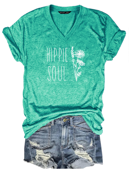 

Hippie Soul Funny Print V Neck Shirts & Tops, Mint, T-shirts