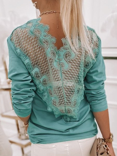 

Casual Solid Crew Neck Loosen Lace Long Sleeve Shirts & Tops, Green, T-Shirts