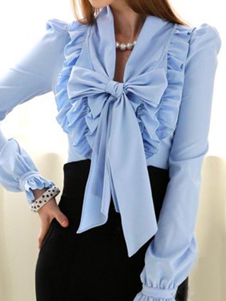 

Elegant Tie Neck Long sleeve Plain Daily Top, Blue, Tops