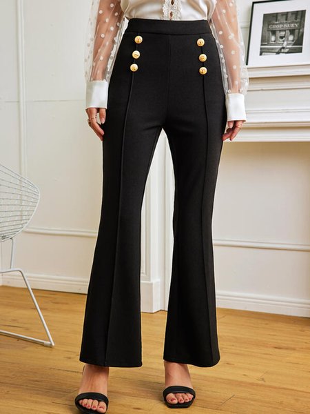 

Regular Fit Cotton Blends Pants Buttoned Zipper Hiqh Stretch Flare Leg, Black, Pants