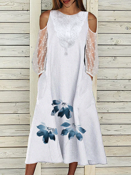 

Casual Crew Neck Floral Dresses, White, Midi Dresses