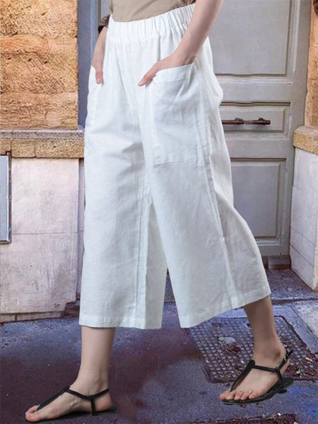 

Holiday Casual Elastic Waist Loosen Cotton Blends Cropped Pants, White, Pants