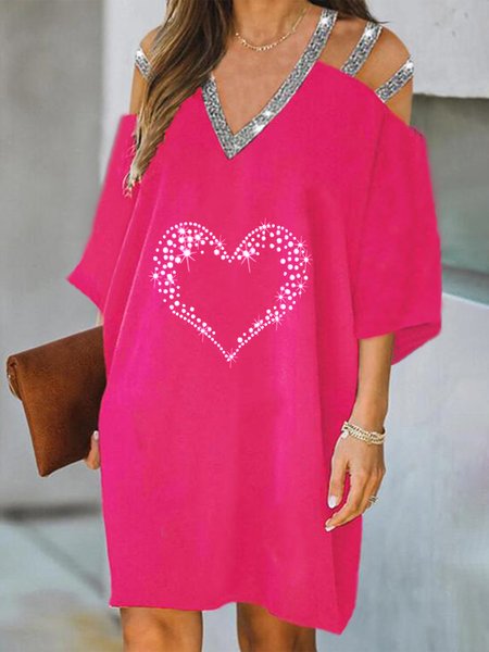 

Love Heart 3/4 Sleeve V Neck Sequins Plus Size Casual Dresses, Rose red, Mini Dresses