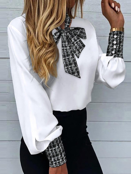 

Spring Long sleeve Tie Neck Daily Lightweight Tops, White, Tops