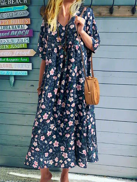 Floral Printed Half Sleeves Sweet Spring Summer Dresses, Navyblue, Maxi Dresses
