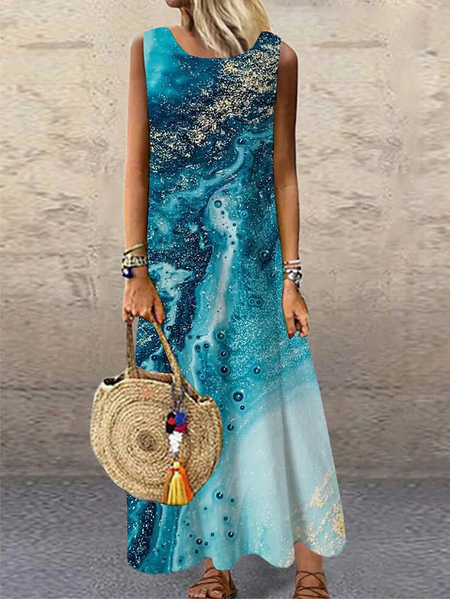 

Abstract Sea Cotton Blends Regular Fit Scoop Neckline Casual Dresses, Blue, Casual Dresses