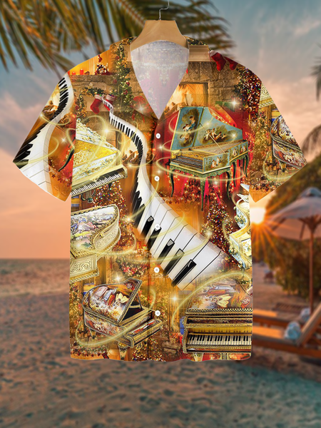 

Holiday Casual Music Elements Keyboard Instruments And Gradient Bling Pattern Hawaiian Print Shirt Top, Multicolor, Men's Floral shirt