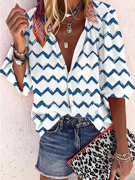 

Stripe Casual V Neck Geometric Shirts & Tops, Blue, Shirts & Blouses