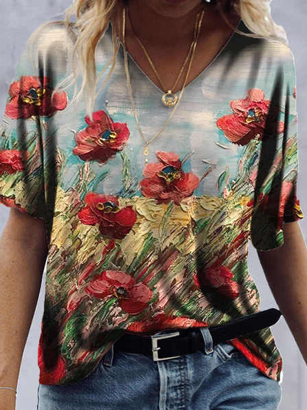 

Floral Cotton Blends Loosen Casual Short Sleeve T-shirt, Multicolor, T-Shirts