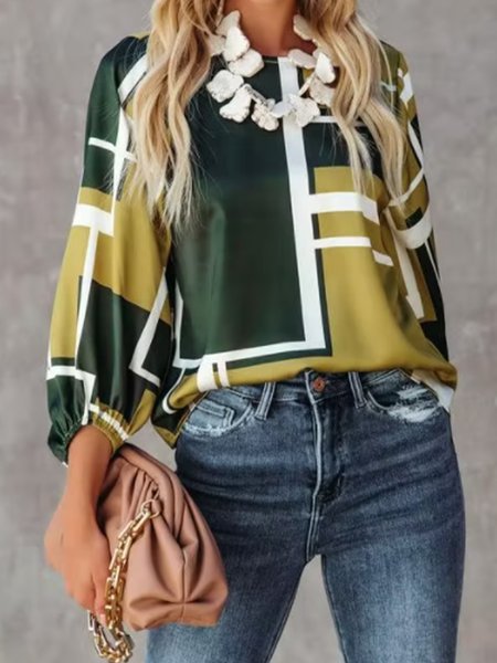 

Casual Geometric Loosen Printed Top, Green, Tops
