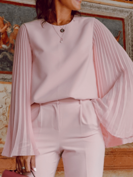 

Spring Pleated Crew Neck Elegant Long sleeve Date Tops, Pink, Tops