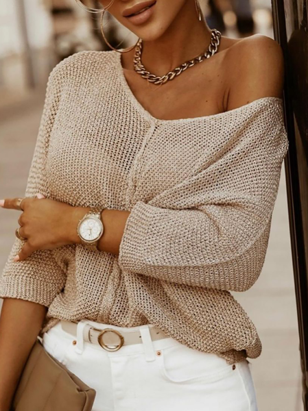 

Plus size Half Sleeve Knitting Casual Sweater, Khaki, Knitwear & Sweaters