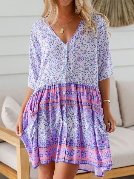

Boho Loosen Tribal Dresses, Purple, Mini Dresses