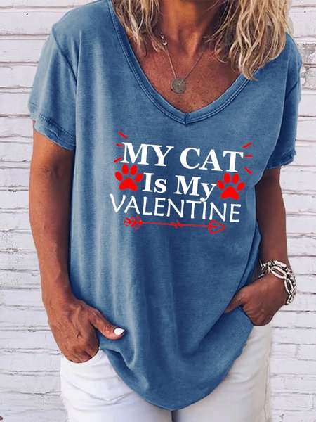 

My Cat is My Valentine V-Neck Short Sleeve T-Shirt, Blue, T-shirts