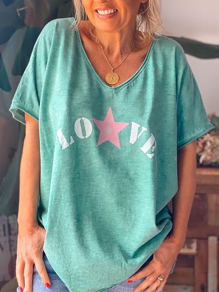 

V Neck Loosen Letter Printed Cotton Blends T-shirt Shirts & Tops, Aqua, T-Shirts