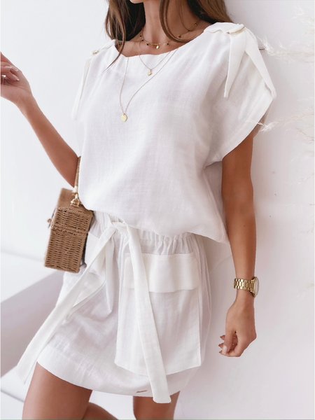 

Pockets Cotton Simple Suits, White, Suit Set