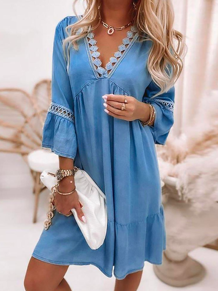 

Plus size Casual V neck Dresses, Blue, Mini Dresses