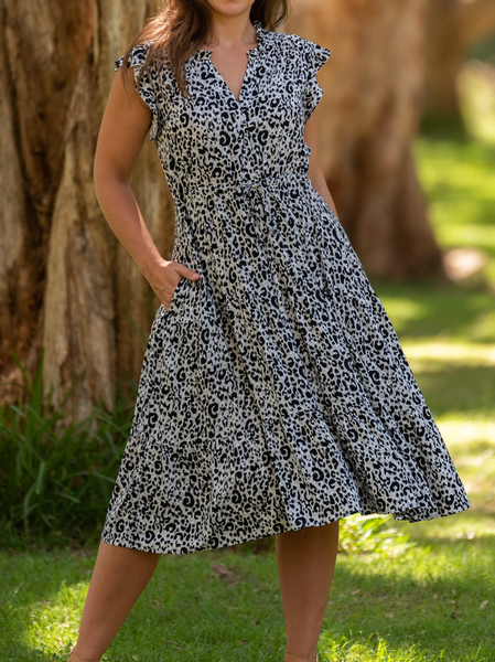 

Leopard V Neck Loosen Dresses, Black, Midi Dresses