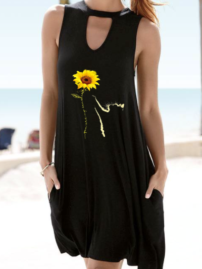 

Cotton Blends Casual Sunflower Dresses, Black, Mini Dresses
