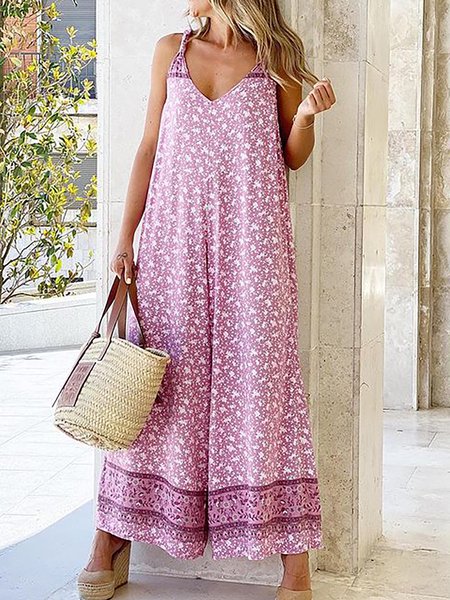 

Floral V Neck Backless Bohemain Tank One-Pieces, Purplish red, Jumpsuits