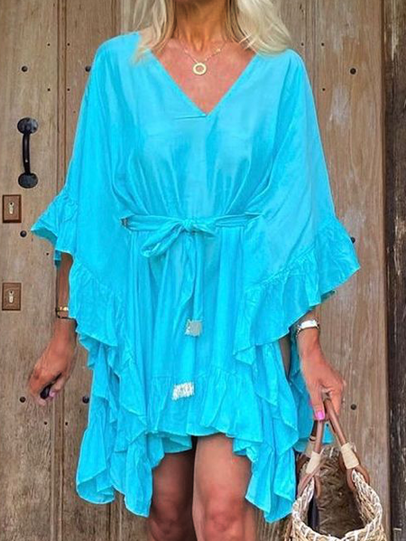 

V Neck Boho Bat Sleeve Dresses, Aqua blue, Mini Dresses