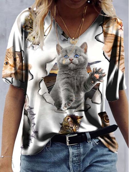 

V Neck Casual Cotton Blends Animal cat Shirts & Tops, Multicolor, T-Shirts