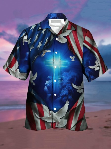 

Mens American Flag Easter Crucifix Jesus Dove Print Casual Breathable Short Sleeve Hawaiian Shirts, Blue, Shirts ＆ Blouse