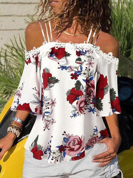 

Lace Half Sleeves Floral Off Shoulder Plus Size Casual Tops, Multicolor, Tops