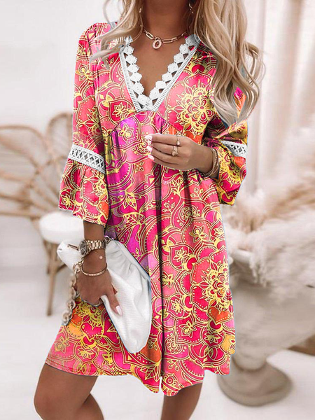 

Flare Sleeve Vacation Long sleeve Woven Dress, Pink, Mini Dresses