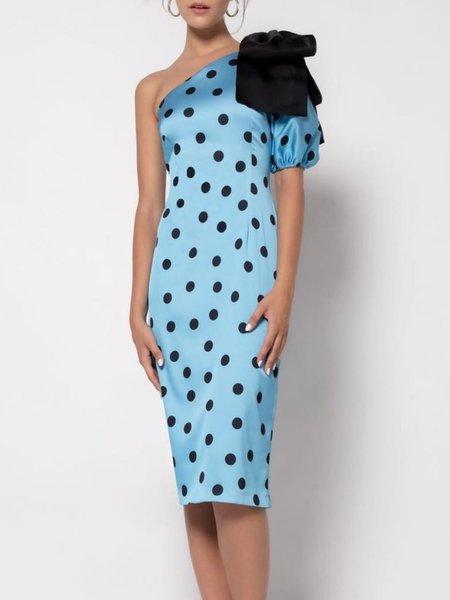 

One Shoulder Asymmetrical Neck Mini Dress, Blue, Midi Dresses
