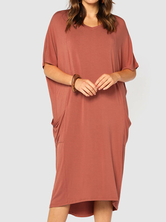 

Cotton Blends Loosen Crew Neck Dresses, Brick red, Midi Dresses