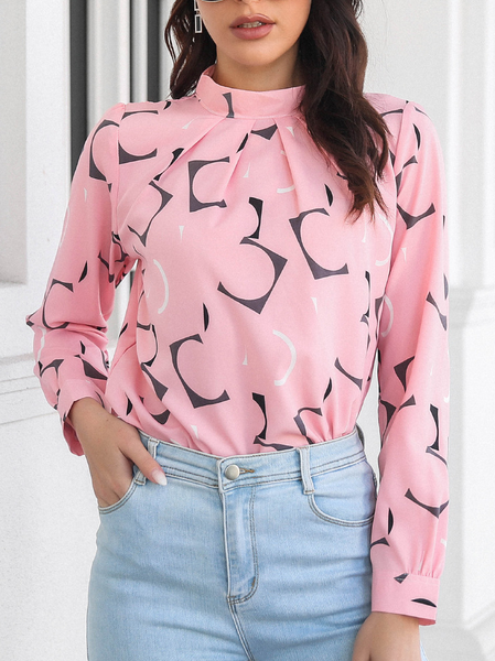 

Geometric Loosen Casual Shirts & Tops, Pink, Long sleeve tops