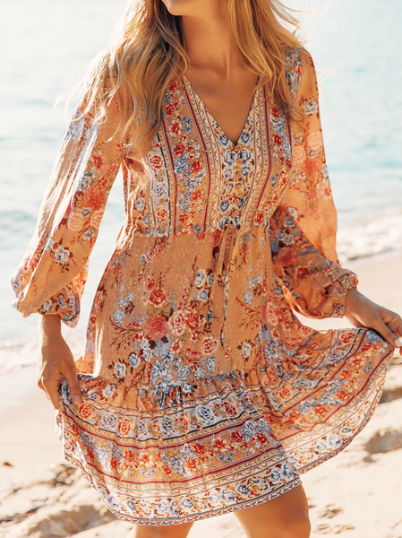 

Plus size Boho Long Sleeve Floral Dresses, Multicolor, Mini Dresses