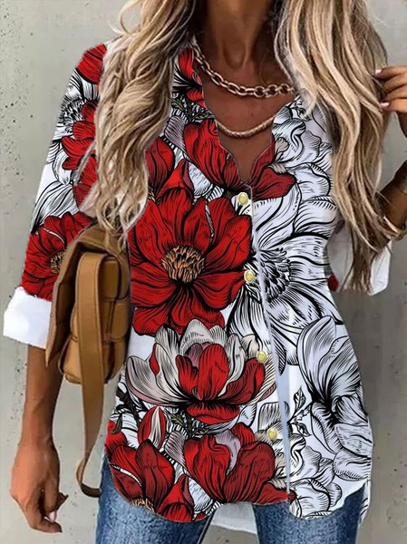 

Floral V Neck Casual Loosen Shirts & Tops, White, Shirts & Blouses