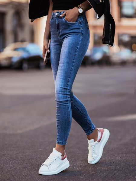 

Basic simple and versatile denim cotton pocket nail button zipper washing elastic denim fit tight Capri, Denim blue, Jeans