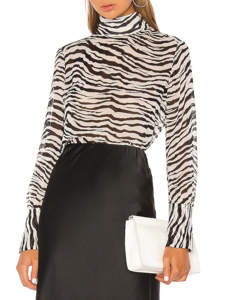 

High Neck Regular Fit Zebra Top, Black, Tops