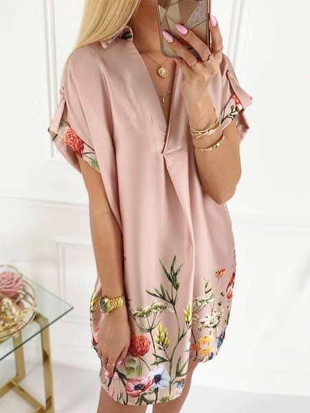

Vacation V-neck Drop-Shoulder Sleeve Straight Floral Dress, Multicolor, Mini Dresses