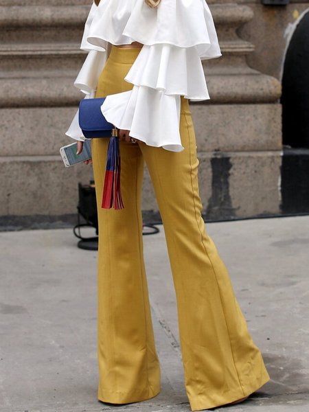 

Fashion Regular Fit Long Plain Pants, Yellow, Flared Pants