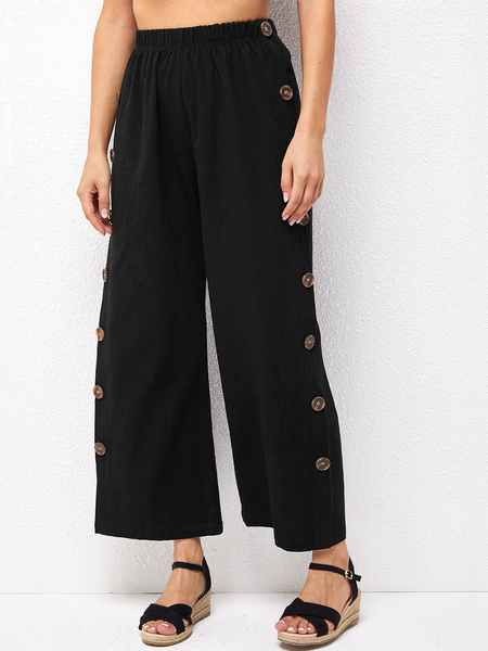 

Linen Shift Casual Wige Leg Pants, Black, Pants