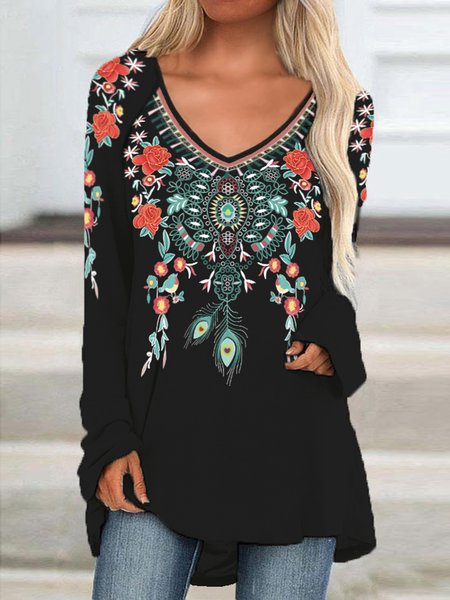 

Tribal Boho Raglan Sleeve Cotton Blends Loosen Tunic Shirts & Tops, Black, T-Shirts
