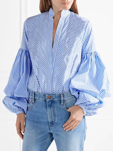 

V Neck Regular Fit Striped Shirt, Blue, Blouses and Shirts