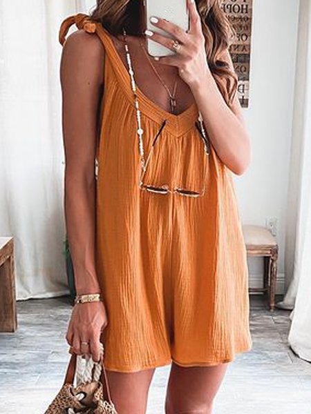 

Linen Casual Solid Sleeveless Vacation One-Pieces, Yellow, Jumpsuits