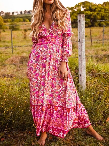 

V Neck Loosen Dresses, Red, Maxi Dresses