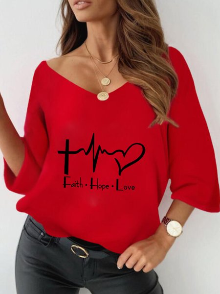 

Casual Three Quarter V Neck Plus Size Printed Tops, Red, Tops
